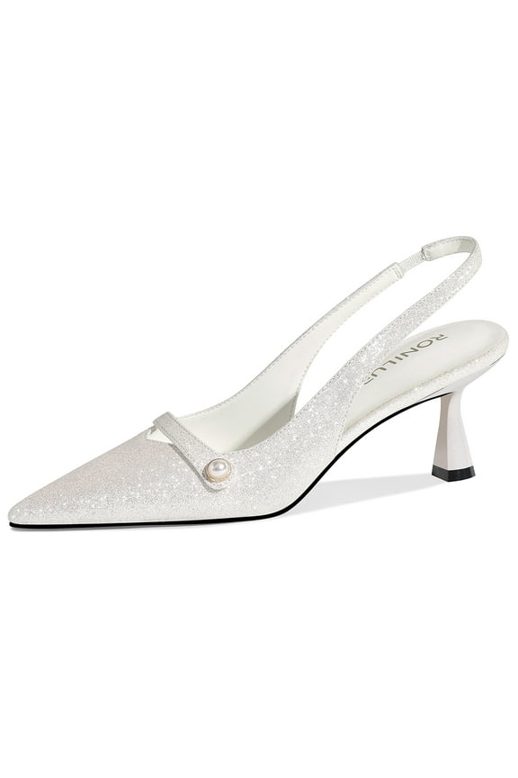 Women Kitten Heels Slingback Low Heel Pumps Dress Shoes for Women Closed Pointed Toe Pearl Heels for Work Wedding Bridal