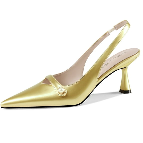 Women Kitten Heels Slingback Low Heel Pumps Dress Shoes for Women Closed Pointed Toe Pearl Heels for Work Wedding Bridal