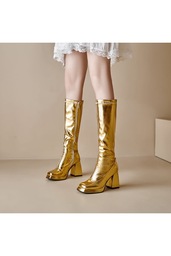 Women Knee High Boots Leather Square Toe Heeled Side Zipper Wide Calf Long Boots (Gold 36)