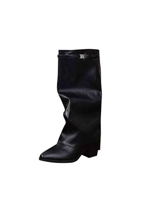 Women Knee High Boots Metal Rivet Studded Fold Over Boots Toe Chunky Heel Pumps Mid Calf Boots Fold Over Pull On Wide Calf Boots Winter Dressy Shoes