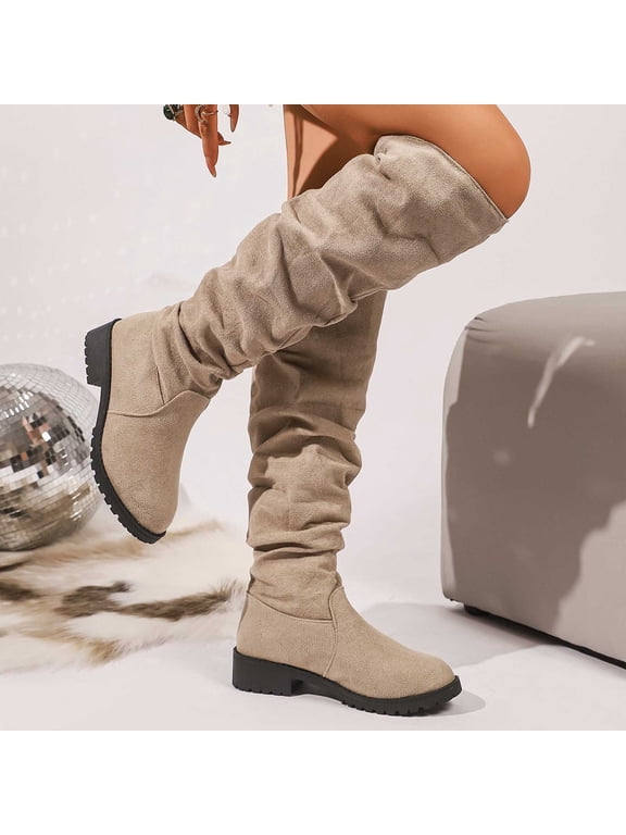 Women Knee High Boots Mid Calf Slouchy Ruched Suede Side Zipped Block Low Heels Long Booties (Beige 36)