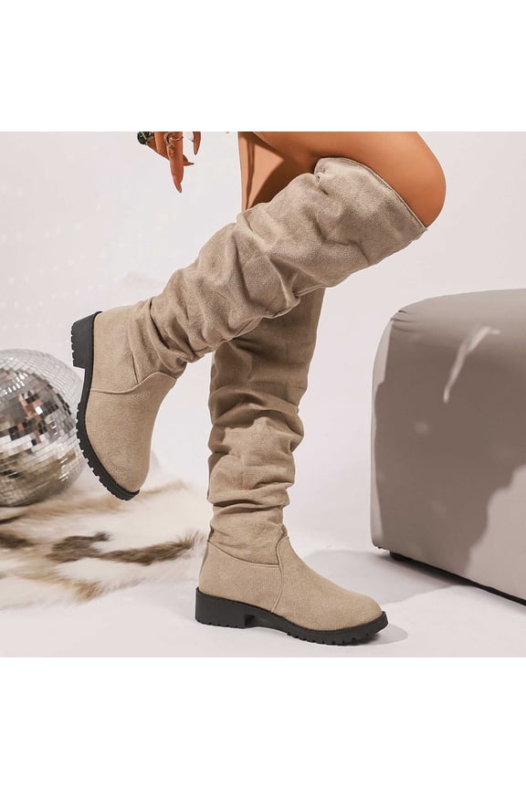Women Knee High Boots Mid Calf Slouchy Ruched Suede Side Zipped Block Low Heels Long Booties (Beige 36)