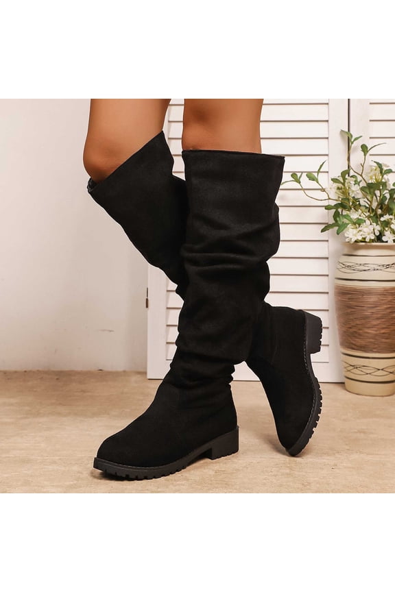 Women Knee High Boots Mid Calf Slouchy Ruched Suede Side Zipped Block Low Heels Long Booties (Black 39)