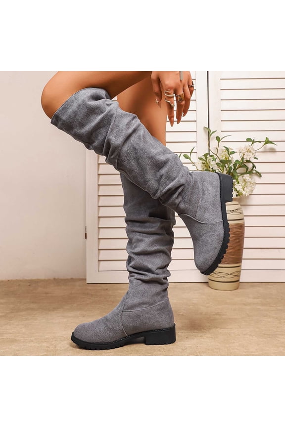 Women Knee High Boots Mid Calf Slouchy Ruched Suede Side Zipped Block Low Heels Long Booties (Grey 38)