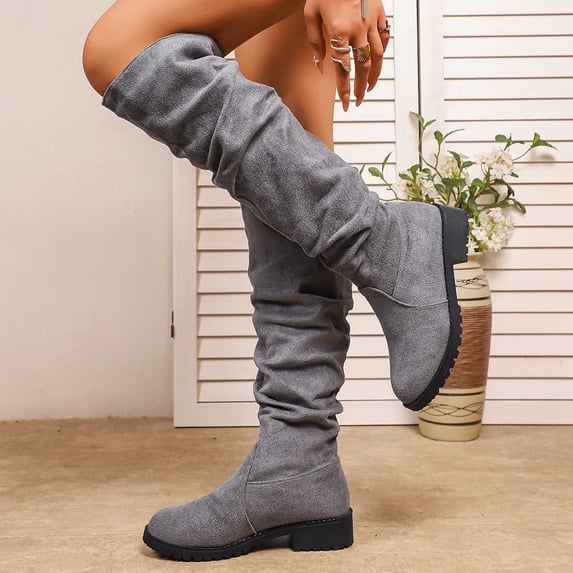 Women Knee High Boots Mid Calf Slouchy Ruched Suede Side Zipped Block Low Heels Long Booties (Grey 39)