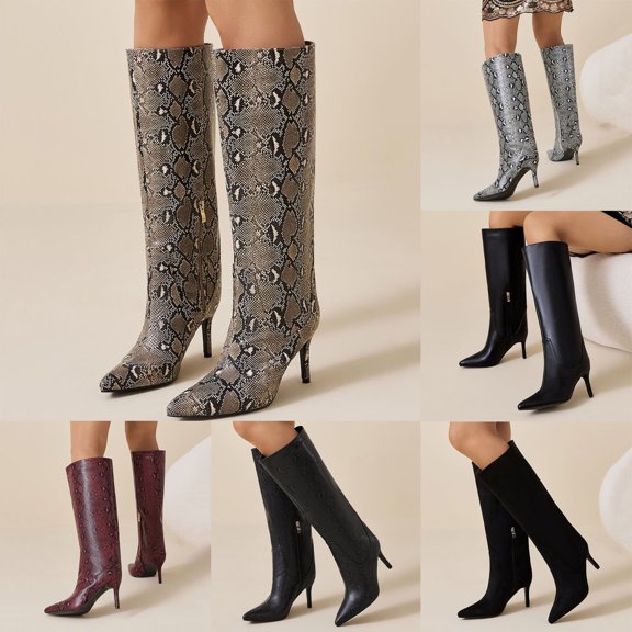 Women Knee High Boots Stiletto High Heel Pointed Toe Tall Boots 2026 Fashion Pattern Side Zipper Wide Calf Long Booties