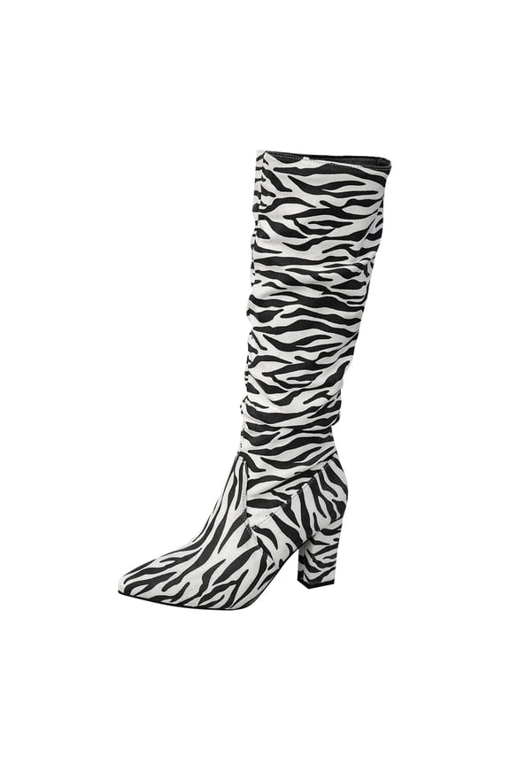 Women Knee High Boots Zebra Print Suede Boots Wrinkled Pointed Toe Chunky Heel Knee High Boots Pointed Toe Chunky Heel Slouchy Boots 2026 Fashion