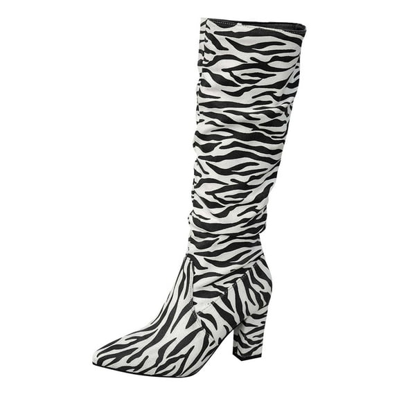 Women Knee High Boots Zebra Print Suede Boots Wrinkled Pointed Toe Chunky Heel Knee High Boots Pointed Toe Chunky Heel Slouchy Boots