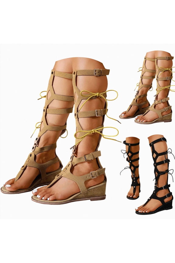 Women Knee High Lace up Flat Boots Fringe Sexy Flat Lace up Gladiator Sandals Cut out Strappy Summer Leather Shoes Black Size 8.5