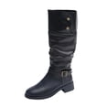 thumbnail image 1 of Women Knee High Slouch Boots Chunky Heel Buckled Mid-Calf Boots Black 9.5(43), 1 of 9