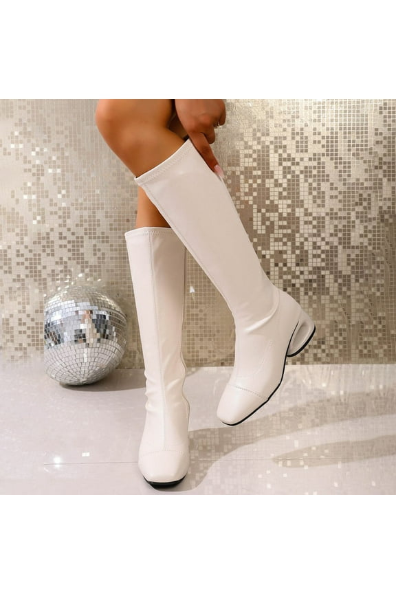 Women Knee High Stretched Leather Boots Round Toe Side Zipper Mid Calf Boots