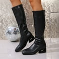 thumbnail image 1 of Women Knee High Stretched Leather Boots Round Toe Side Zipper Mid Calf Boots, 1 of 8