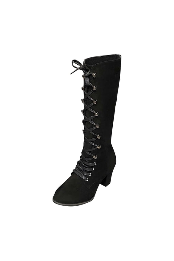 Women Knee High Suede Boots Gothic Lace Up Boots Medieval Vintage Chunky High Heel Boots Lace Up Mid Calf Boot Chunky Heel Winter Warm Riding Boot