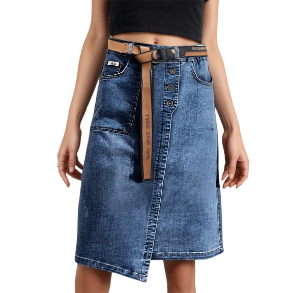 Women Knee Length Denim Skirt Casual High Waist Belt Asymmetrical Hem Flowy Spring Summer Dark Blue Skirt M