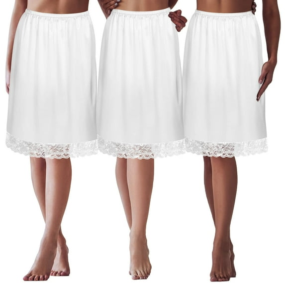 Women Knee Length Half Slip Underskirt Lingerie with Lace Trim Anti-Static Elastic Waist Midi Underskirt