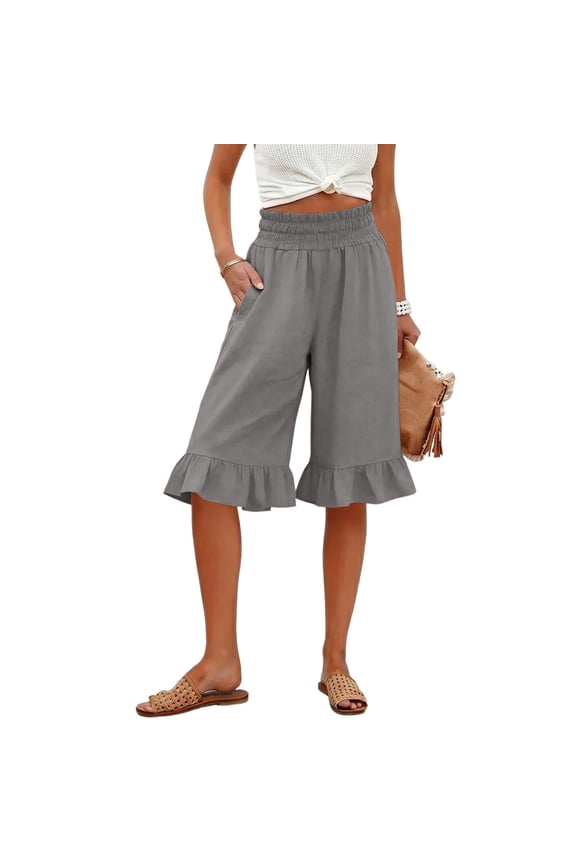 Women Knee Length Linen Shorts Ruffle Hem Smocked Elastic High Waisted Wide Leg Flowy Shorts Boho Beach Short Pants Gray 3XL