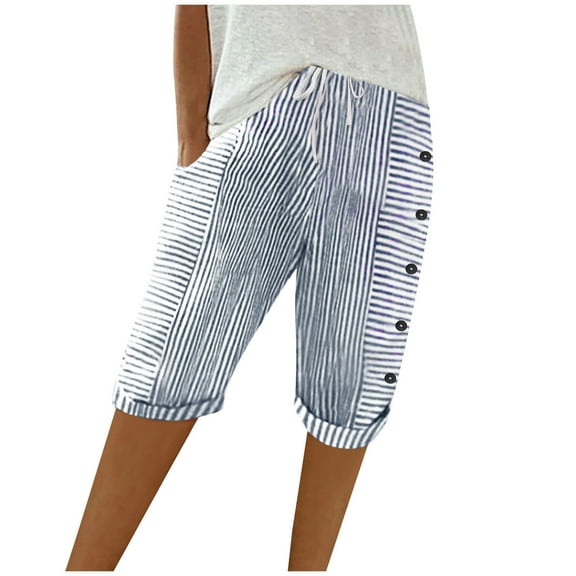 Women Knee Length Stretch Comfy Drawstring Casual Shorts for Women Summer Walking Striped Bermuda Shorts with Pockets Navy M