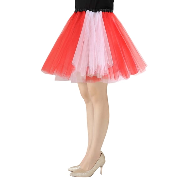 Women Knee Length Tutu Skirts Flowy Layered Casual Costume Printed Colorful Mesh Red Skirt S