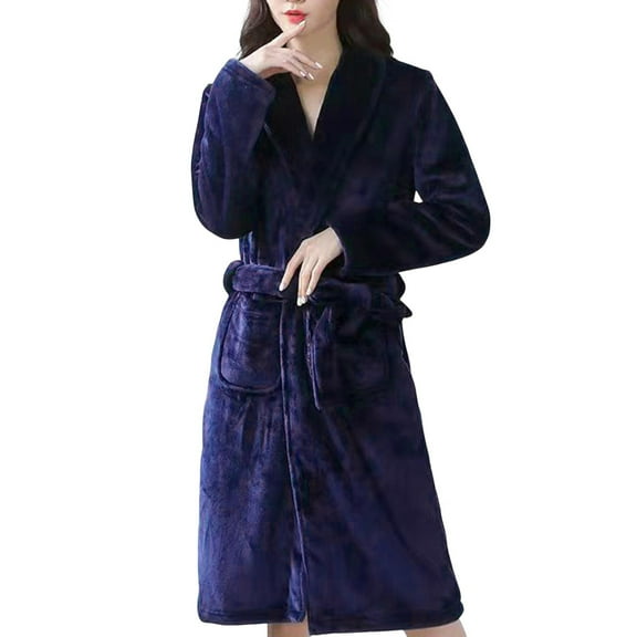 Women Knee-length Bathrobe Men Women Plush Fleece Bath Robe Knee-length Lapel Tie Design Water Absorbent Winter Loungewear Wear Sleepwear Nightgown
