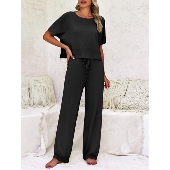 Women Knit 2 Piece Outfit Short Sleeve Crop Top Wide Leg Pants Loungewear Set