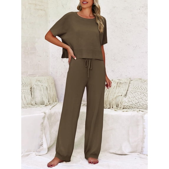 Women Knit 2 Piece Outfit Short Sleeve Crop Top Wide Leg Pants Loungewear Set