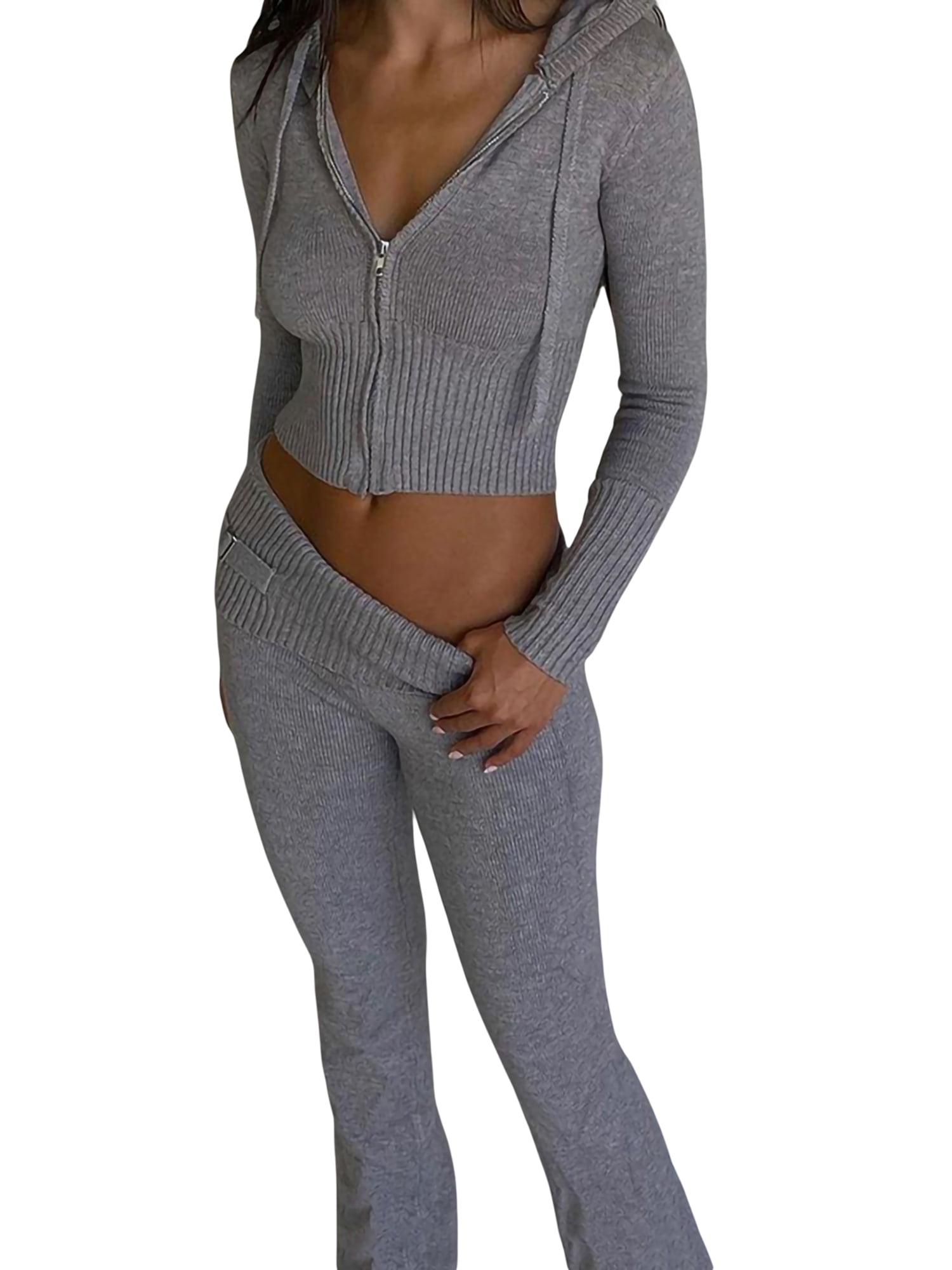 Women Knit 2 Piece Outfits Long Sleeve Zipper Hooded Crop Top High Waist  Skinny Pants Set Tracksuit Loungewear