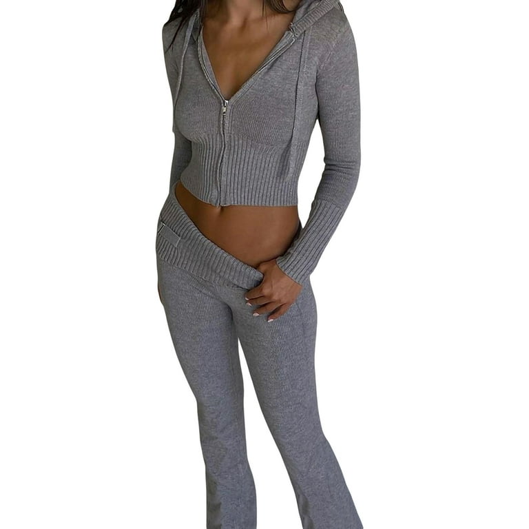 Women Knit 2 Piece Outfits Long Sleeve Zipper Hooded Crop Top High Waist  Skinny Pants Set Tracksuit Loungewear