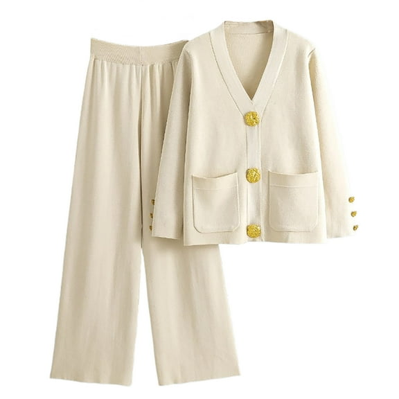 Women Knit 2 Pieces Sets V-Neck Cardigan Tops Wide Leg Pants Sets Button Down Sweater High Waist Trouser Loungewear (Beige Free Size)