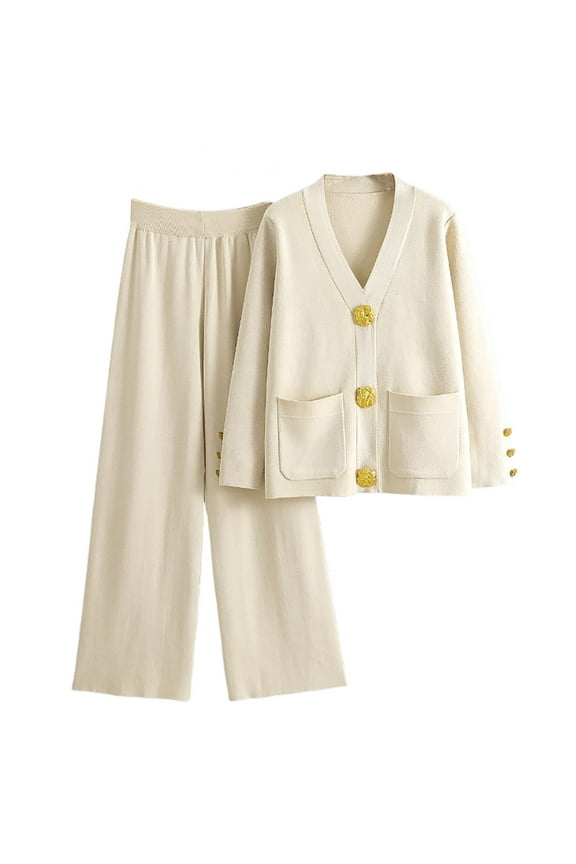 Women Knit 2 Pieces Sets V-Neck Cardigan Tops Wide Leg Pants Sets Button Down Sweater High Waist Trouser Loungewear (Beige Free Size)