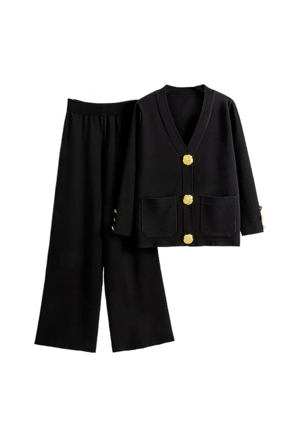 Women Knit 2 Pieces Sets V-Neck Cardigan Tops Wide Leg Pants Sets Button Down Sweater High Waist Trouser Loungewear (Black Free Size)