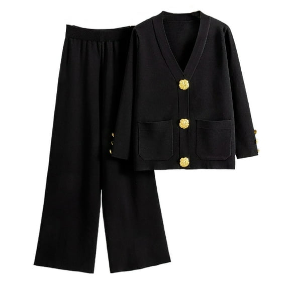 Women Knit 2 Pieces Sets V-Neck Cardigan Tops Wide Leg Pants Sets Button Down Sweater High Waist Trouser Loungewear (Black Free Size)