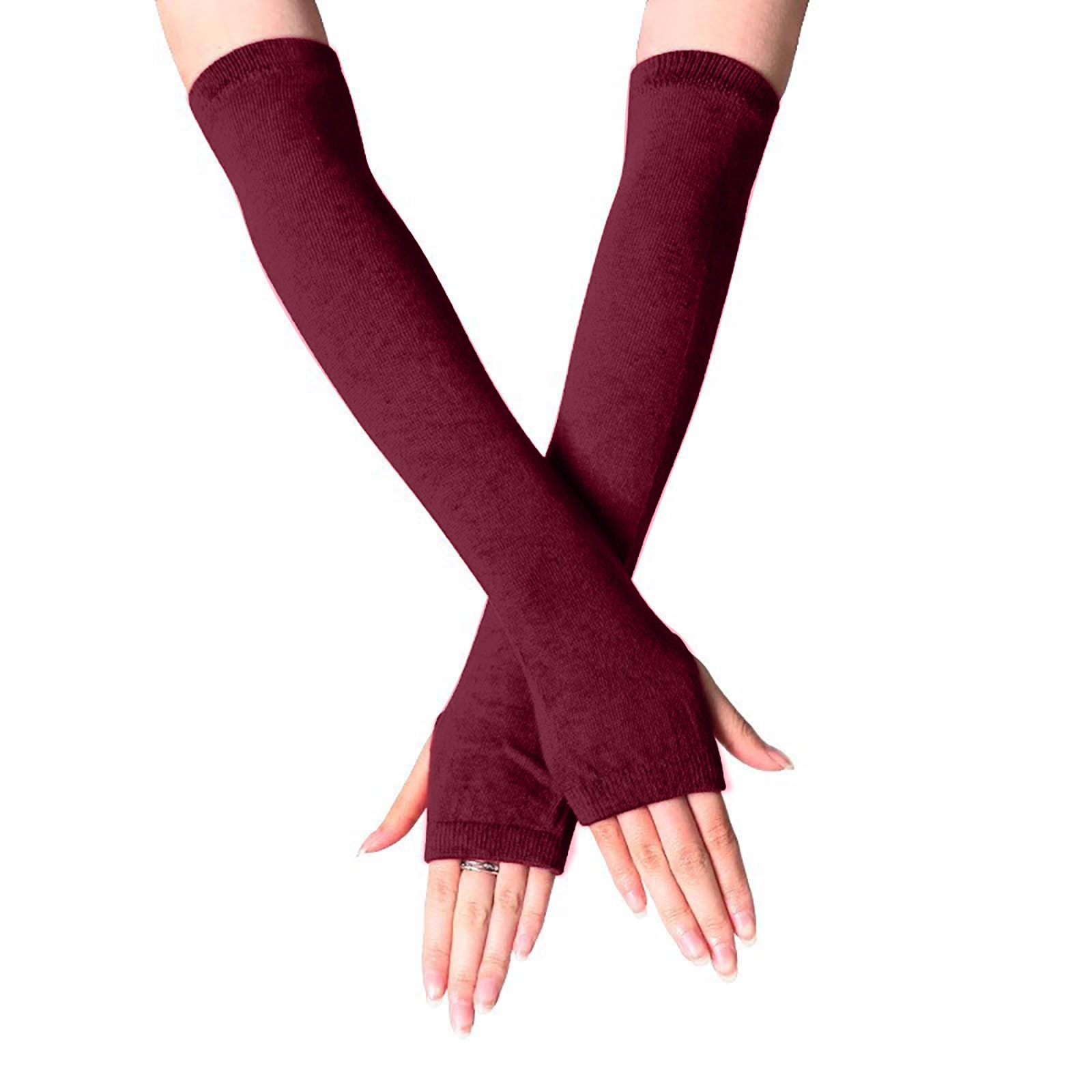Women Knit Arm Warmers Long Fingerless Gloves Thumb Hole Stretchy ...