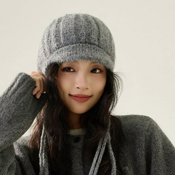 Women Knit Aviator Beanie Hat with Visor Earflap Warm Thick Winter Fashion Cap