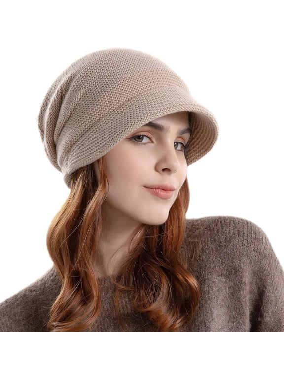 Women Knit Beanie Hat, Winter Warm Slouchy Fleece Hat with Brim, Ladies Fleece Lined Warm Beret Hat, Pullover Ear Protection Hat