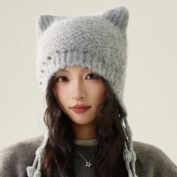 Women Knit Beanie with Cat Ears Pearl Tassel Winter Warm Earflap Hat Cute Style