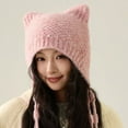 thumbnail image 1 of Women Knit Beanie with Cat Ears Pearl Tassel Winter Warm Earflap Hat Cute Style, 1 of 2