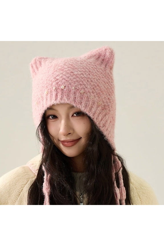 Women Knit Beanie with Cat Ears Pearl Tassel Winter Warm Earflap Hat Cute Style