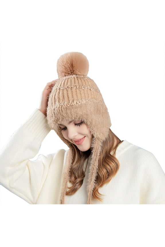 Women Knit Beanies Hats Winter Peruvian Cover Ears Faux Fur Crochet Skull Cap With Pompom Fluffy Fleece Lined Khaki
