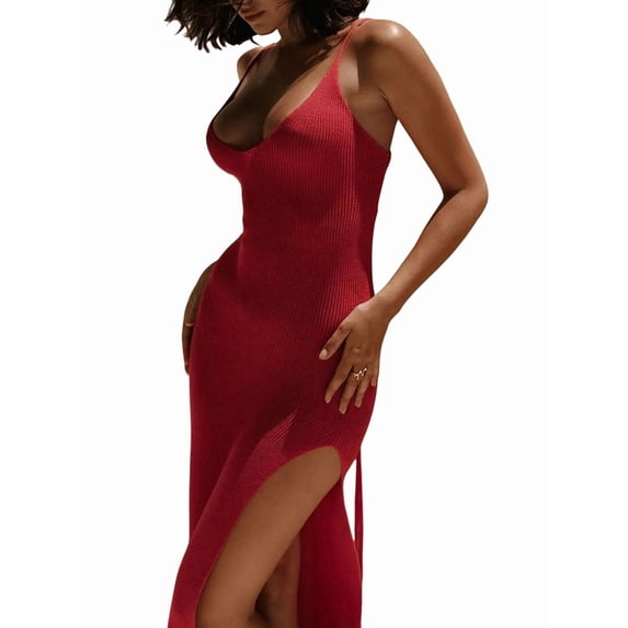 Women Knit Bodycon Maxi Cover-Up Dress Sleeveless Cover Up Summer Red M