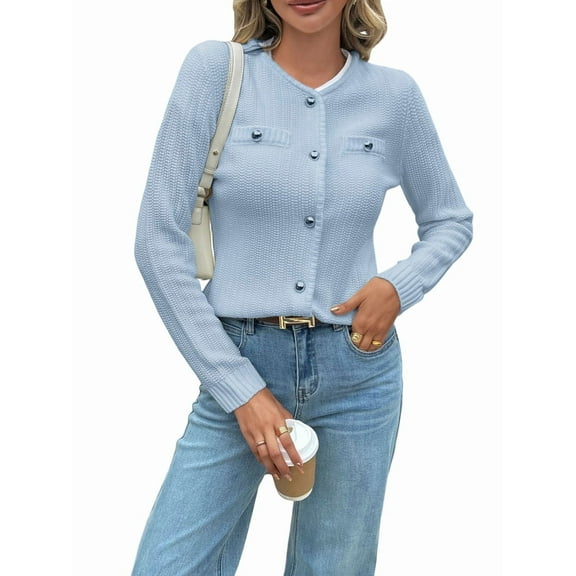 Women Knit Cardigan Sweaters Early Fall Long Sleeve Open Front Button Down Trendy Casual Cropped Jacket Blue XL