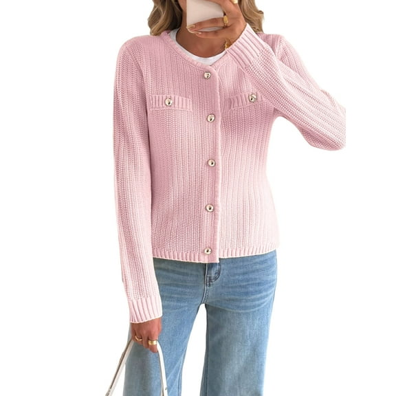 Women Knit Cardigan Sweaters Early Fall Long Sleeve Open Front Button Down Trendy Casual Cropped Jacket Pink L