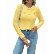 UNBRANDED Women Knit Cardigan Sweaters Early Fall Long Sleeve Open Front Button Down Trendy Casual Cropped Jacket Yellow L