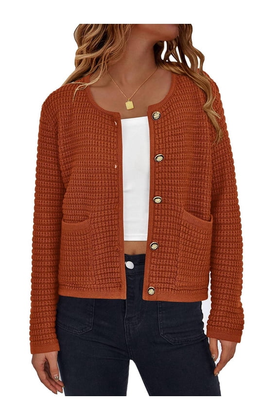 Women Knit Cardigan Sweaters Fall Fashion Long Sleeve Button Down Trendy Casual Jacket Winter Clothes Caramel Color L