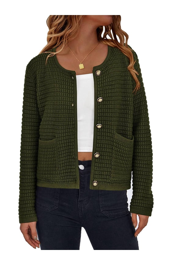 Women Knit Cardigan Sweaters Fall Fashion Long Sleeve Button Down Trendy Casual Jacket Winter Clothes Dark Green M