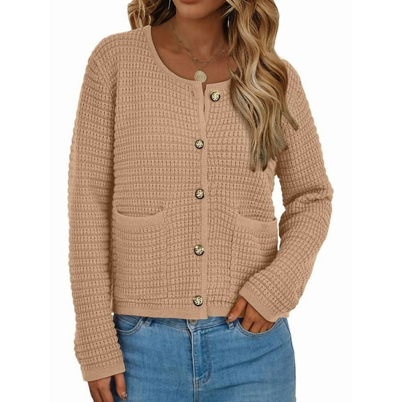 Women Knit Cardigan Sweaters Fall Fashion Long Sleeve Button Down Trendy Casual Jacket Winter Clothes Khaki L