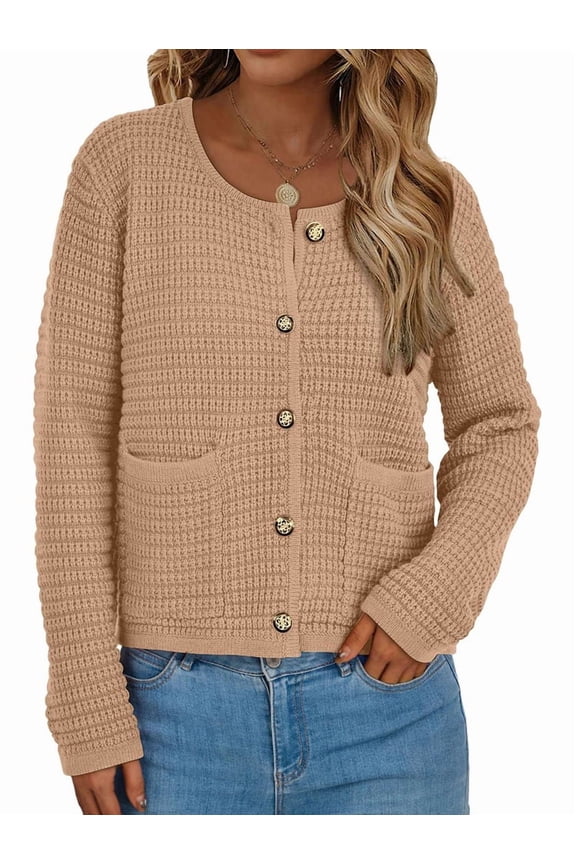Women Knit Cardigan Sweaters Fall Fashion Long Sleeve Open Front Button Down Trendy Casual Jacket Winter Clothes Khaki M