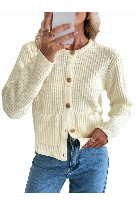 Women Knit Cardigan Sweaters Fall Long Sleeve Open Front Button Down Trendy Casual Jacket Winter Clothes Cream White M