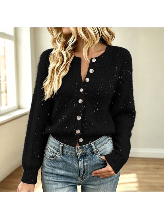 Women Knit Cardigan V Neck Button Down Fuzzy Sweater Jacket Long Sleeve Puff Sleeve Chunky Knit Open Front Cardigan Spring Fall Daily Wear