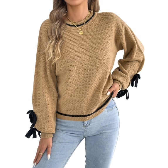 Women Knit Crew Neck Contrast Lantern Long Sleeve Pullover Sweater with Decorative Cuff Straps Khaki XL