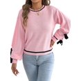 thumbnail image 1 of Women Knit Crew Neck Contrast Lantern Long Sleeve Pullover Sweater with Decorative Cuff Straps Pink S, 1 of 9